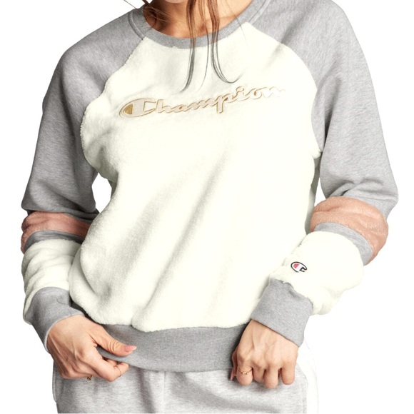 Champion Super Fleece Faux Fur Colorblock Gray Ivory Gold Crewneck Sweatshirt M - Picture 1 of 11